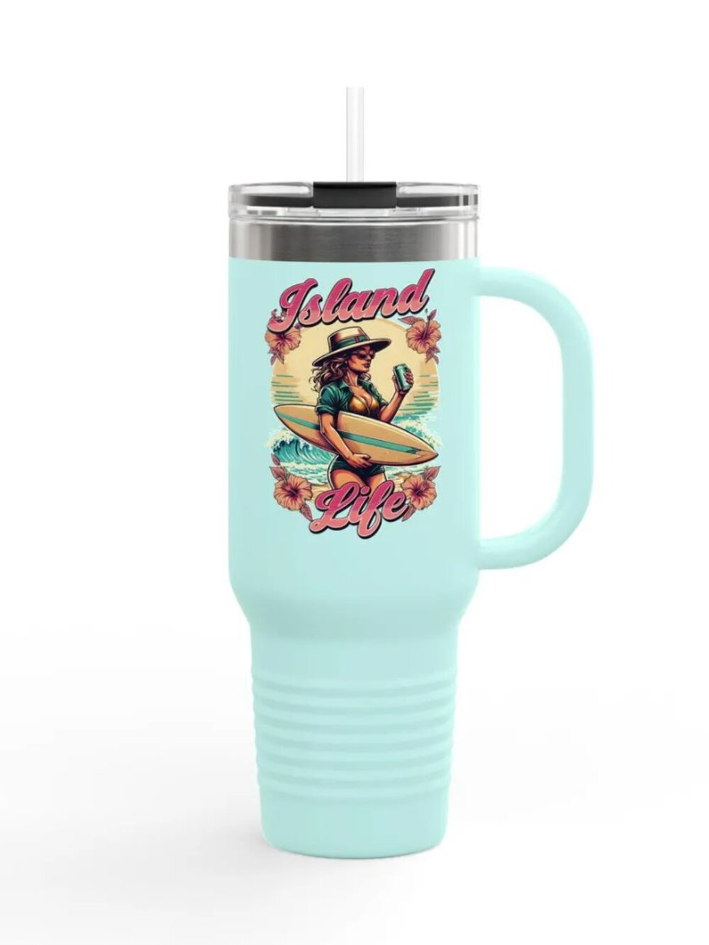 Island Life 40oz Stainless Steel Insulated Travel Mug – Light Blue Beach Design